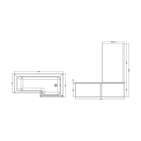 [BBATH16] Balterley 1800mm Right-Hand Square Shower Bath And Panel Set - Technical Drawing