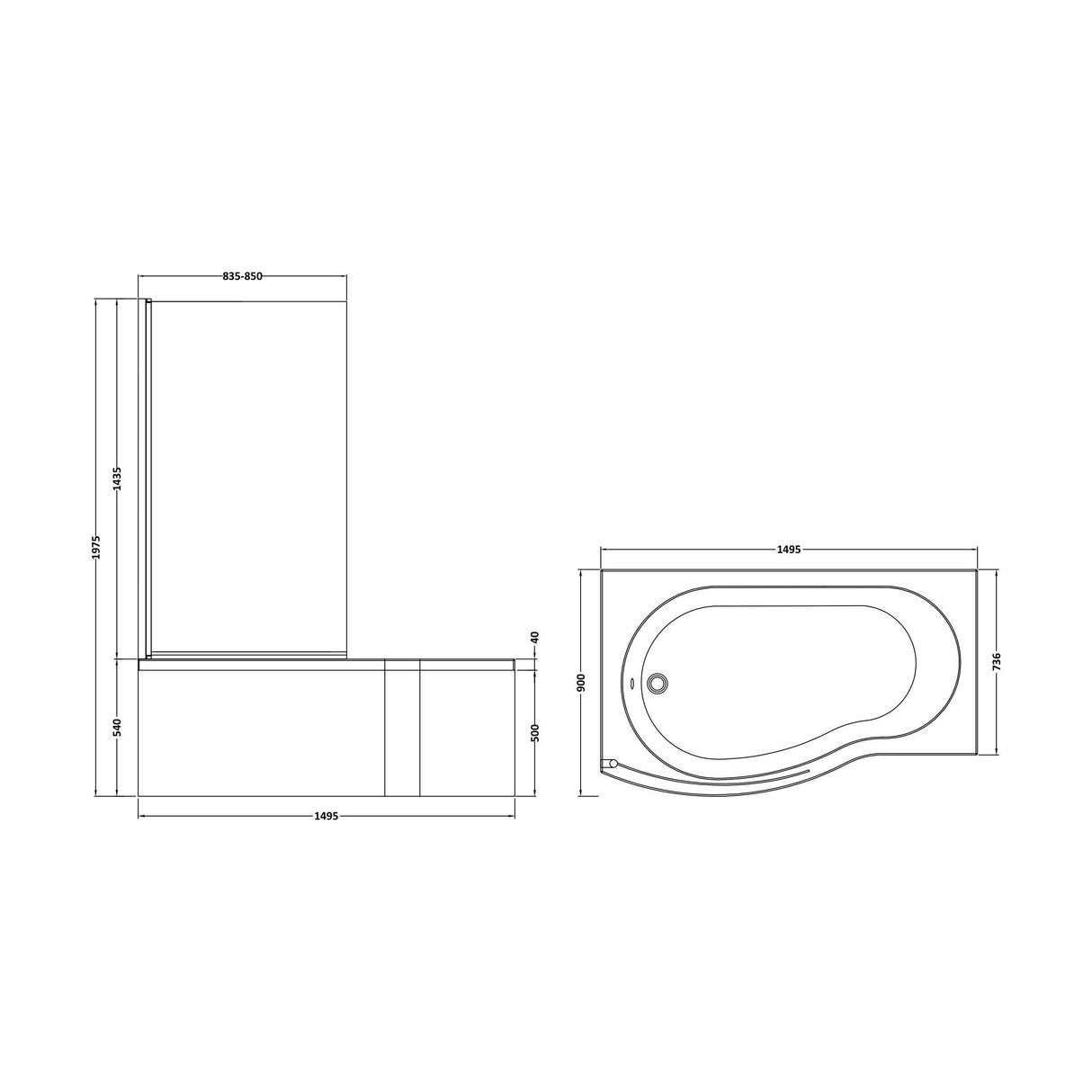[BBATH20] Balterley 1500 mm Left Hand B Shape Shower Bath Bundle & Tub, Curved 6 mm Safety Glass Screen & Matching Front Panel, Gloss White - Technical Drawing