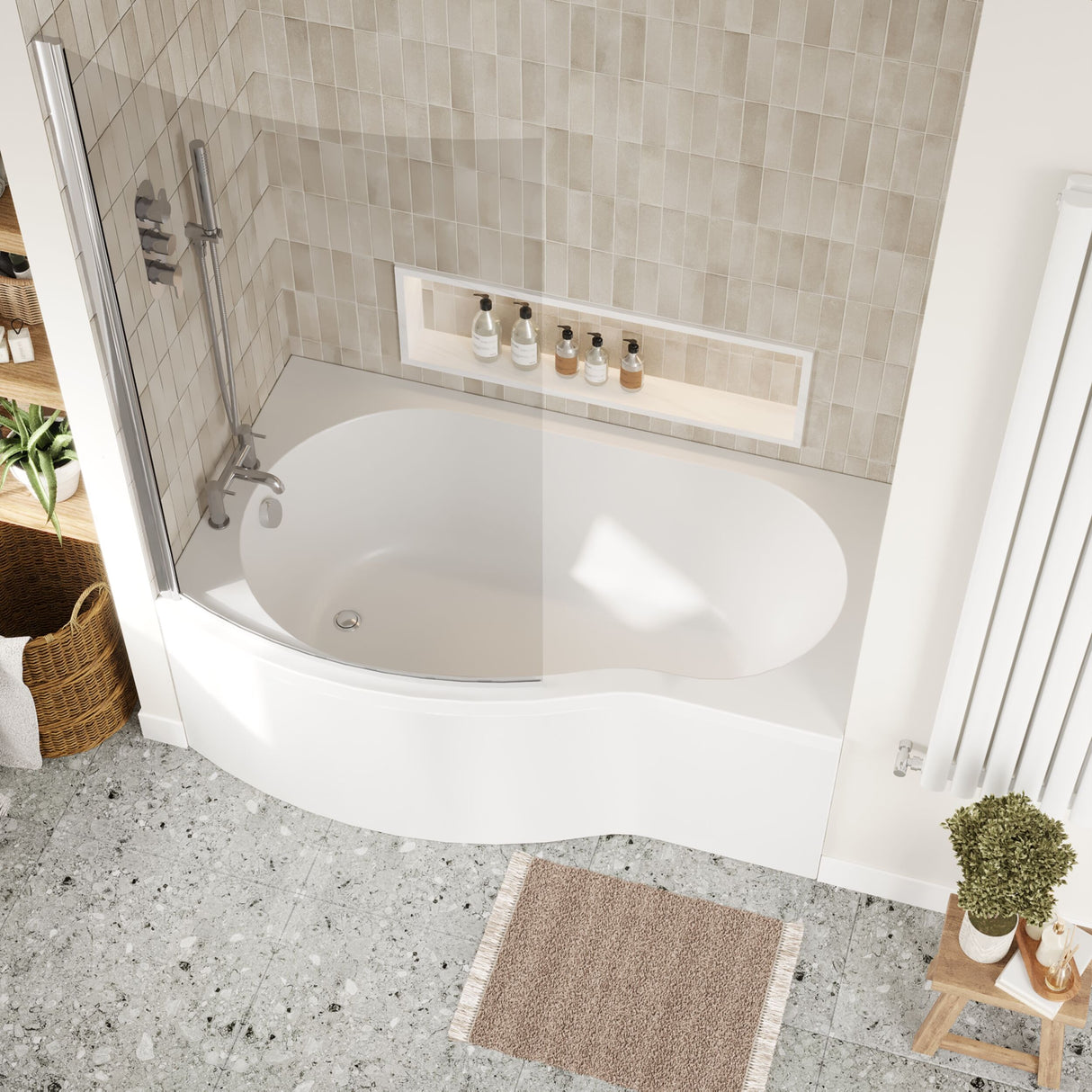 [BBATH20] Balterley 1500 mm Left Hand B Shape Shower Bath Bundle & Tub, Curved 6 mm Safety Glass Screen & Matching Front Panel, Gloss White - Lifestyle 2