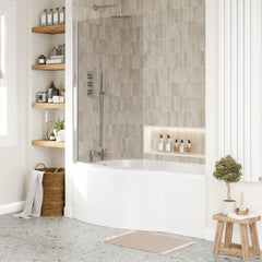[BBATH20] Balterley 1500 mm Left Hand B Shape Shower Bath Bundle & Tub, Curved 6 mm Safety Glass Screen & Matching Front Panel, Gloss White - Lifestyle 3
