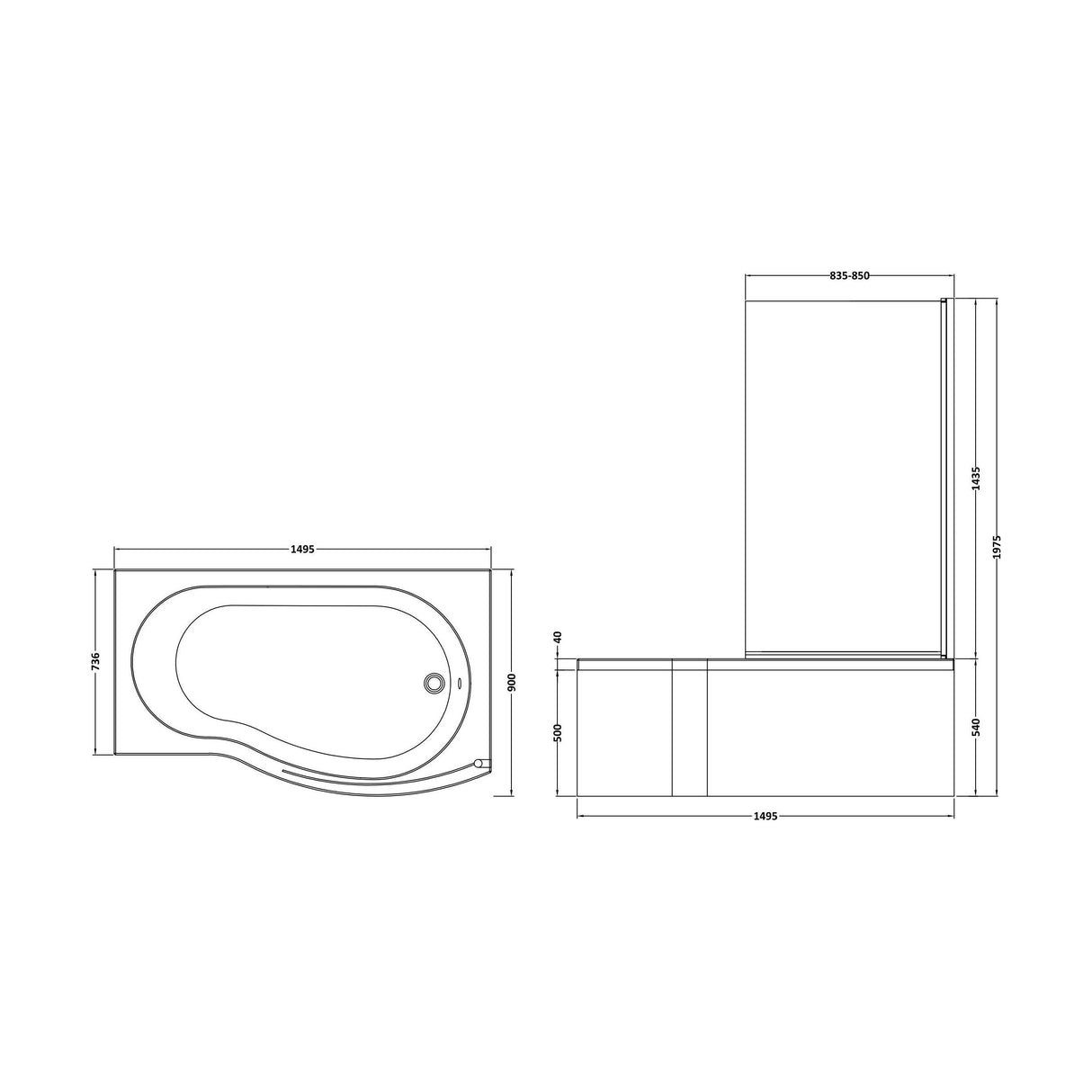 [BBATH21] Balterley 1500 mm Right Hand B Shape Shower Bath Bundle & Tub, Curved 6 mm Safety Glass Screen & Matching Front Panel, Gloss White - Technical Drawing