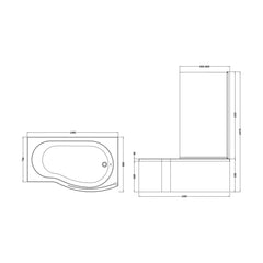 [BBATH21] Balterley 1500 mm Right Hand B Shape Shower Bath Bundle & Tub, Curved 6 mm Safety Glass Screen & Matching Front Panel, Gloss White - Technical Drawing