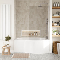 [BBATH21] Balterley 1500 mm Right Hand B Shape Shower Bath Bundle & Tub, Curved 6 mm Safety Glass Screen & Matching Front Panel, Gloss White - Lifestyle 1