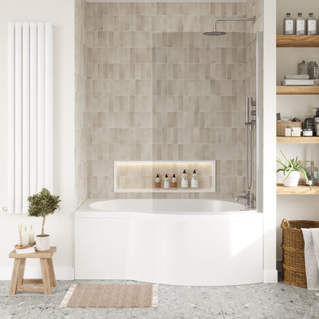 [BBATH21] Balterley 1500 mm Right Hand B Shape Shower Bath Bundle & Tub, Curved 6 mm Safety Glass Screen & Matching Front Panel, Gloss White - Lifestyle 1