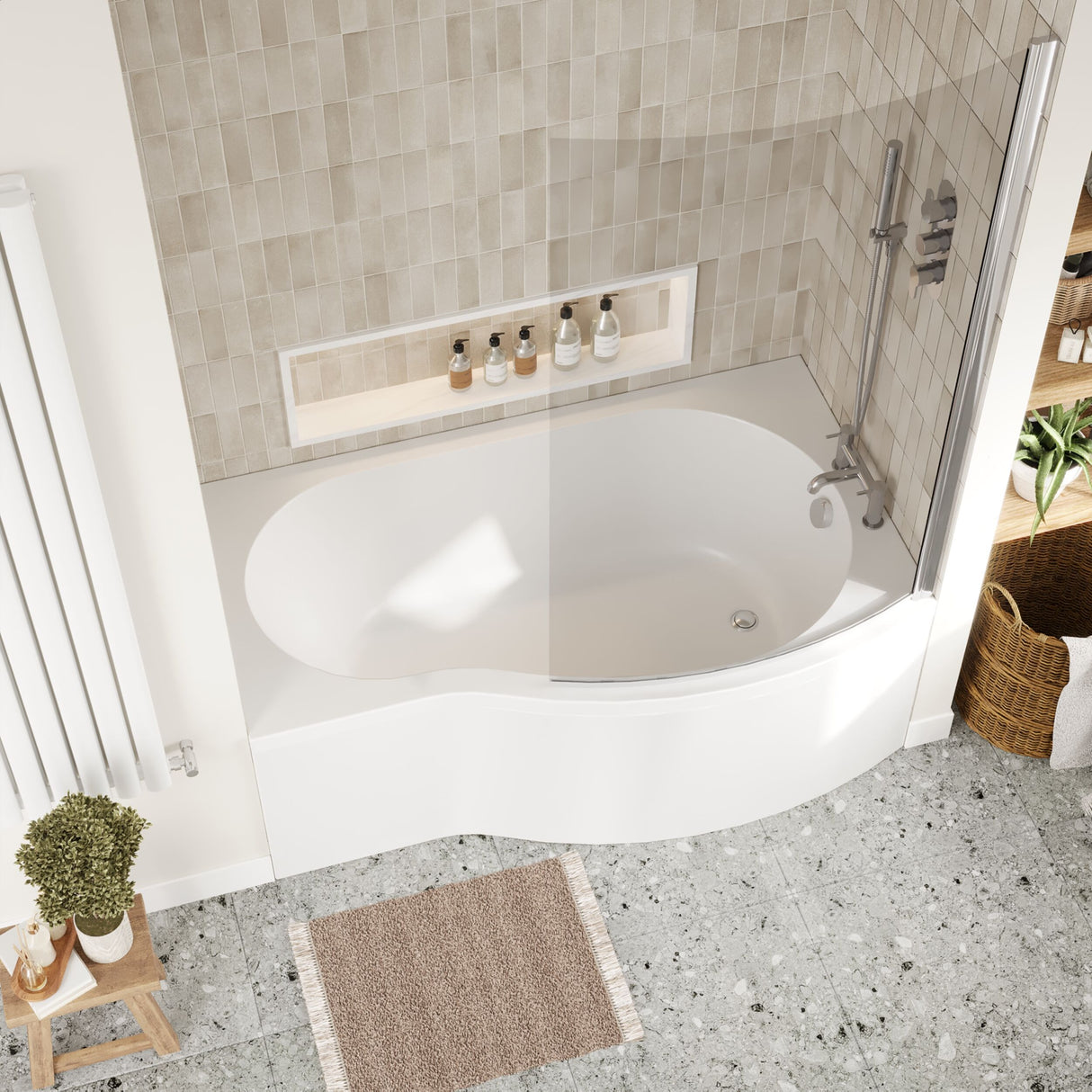[BBATH21] Balterley 1500 mm Right Hand B Shape Shower Bath Bundle & Tub, Curved 6 mm Safety Glass Screen & Matching Front Panel, Gloss White - Lifestyle 2