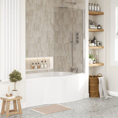 [BBATH21] Balterley 1500 mm Right Hand B Shape Shower Bath Bundle & Tub, Curved 6 mm Safety Glass Screen & Matching Front Panel, Gloss White - Lifestyle 3