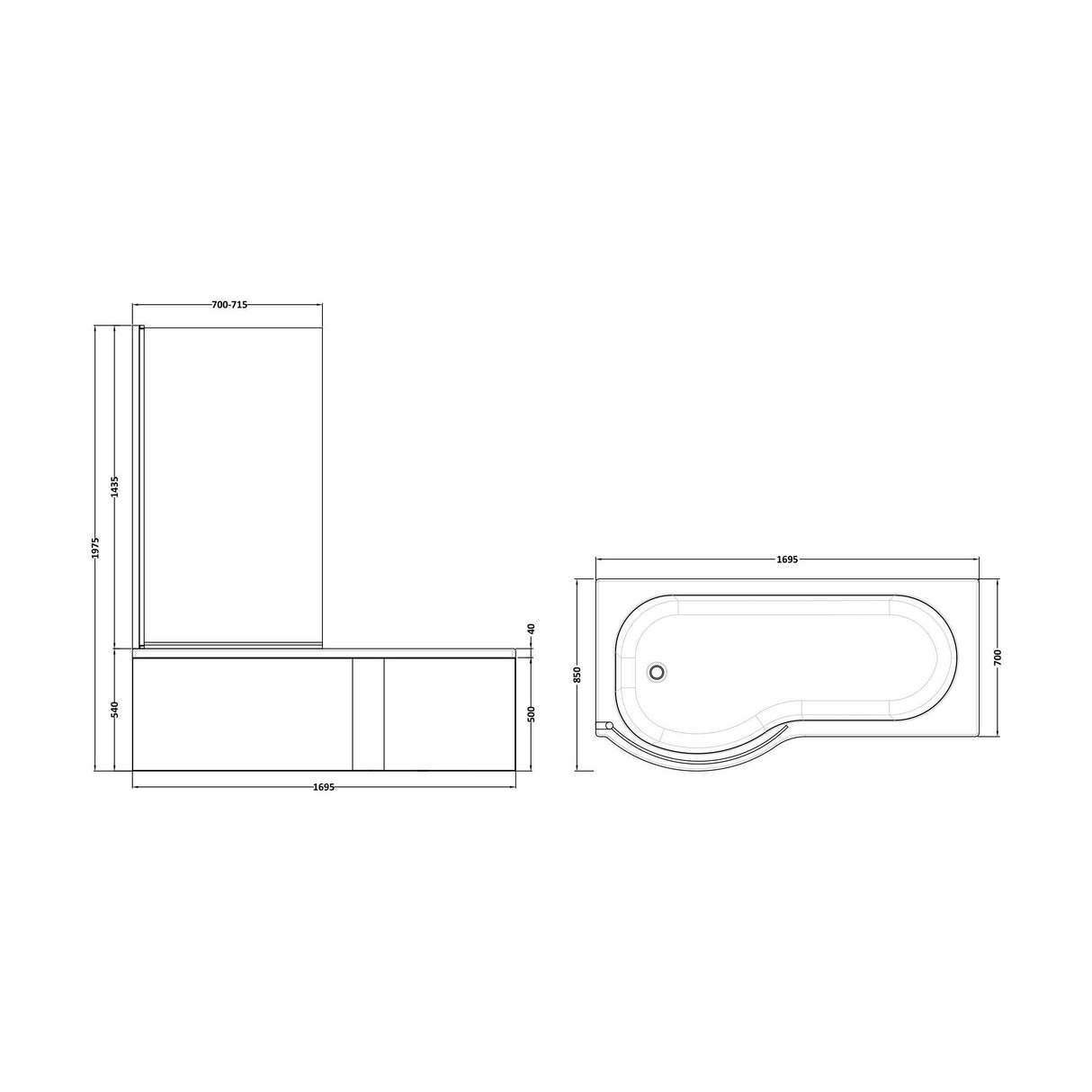 [BBATH22] Balterley 1700 mm Left Hand P Shape Square Shower Bath with Glass Screen & Matching Front Panel Modern White Design - Technical Drawing