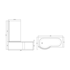 [BBATH22] Balterley 1700 mm Left Hand P Shape Square Shower Bath with Glass Screen & Matching Front Panel Modern White Design - Technical Drawing