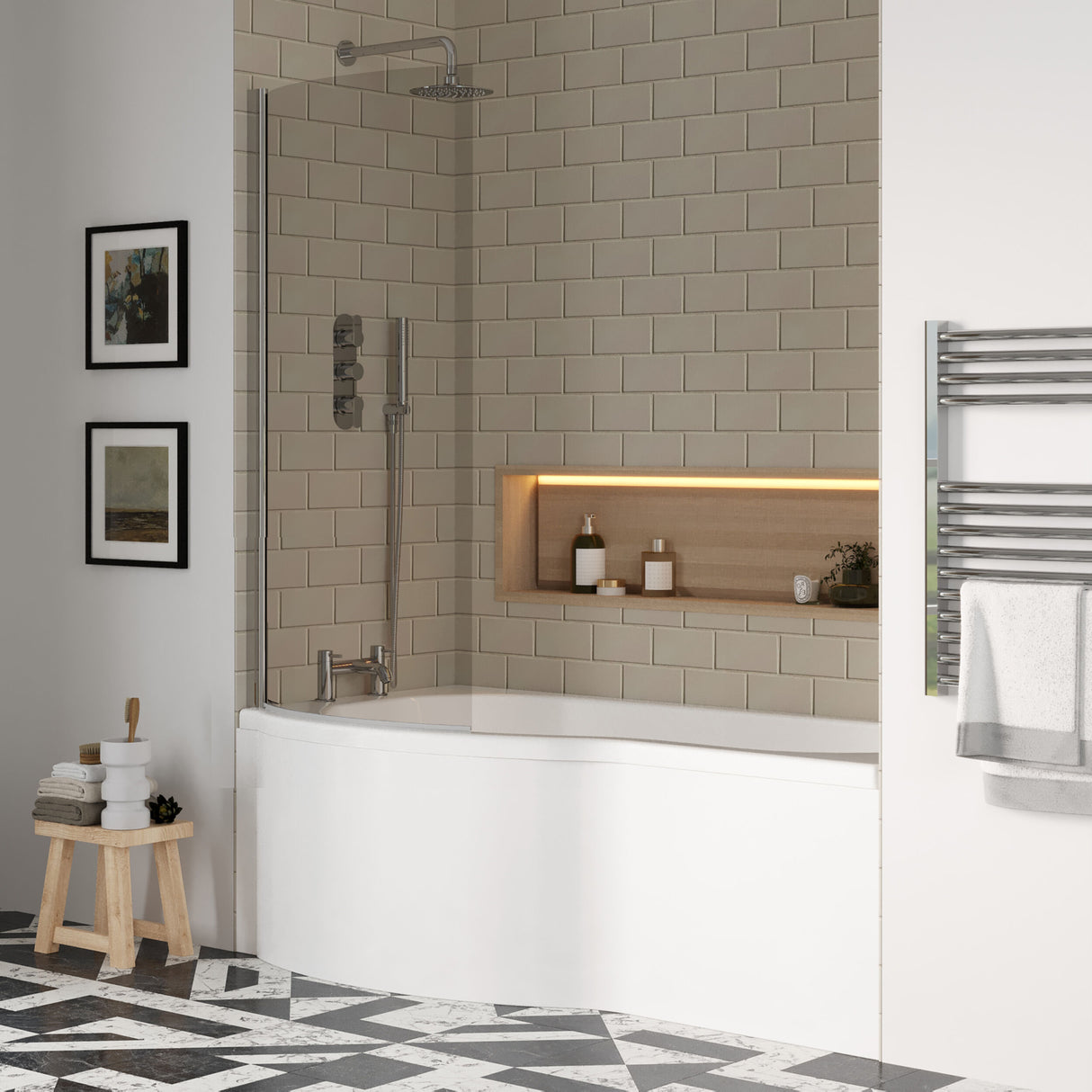 [BBATH22] Balterley 1700 mm Left Hand P Shape Square Shower Bath with Glass Screen & Matching Front Panel Modern White Design - Lifestyle 3
