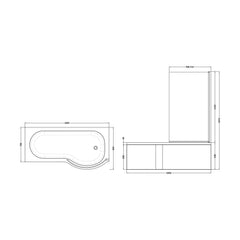 [BBATH23] Balterley 1700 mm Right Hand P Shape Square Shower Bath with Glass Screen & Matching Front Panel Modern White Design - Technical Drawing