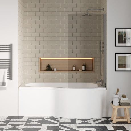 [BBATH23] Balterley 1700 mm Right Hand P Shape Square Shower Bath with Glass Screen & Matching Front Panel Modern White Design - Lifestyle 1