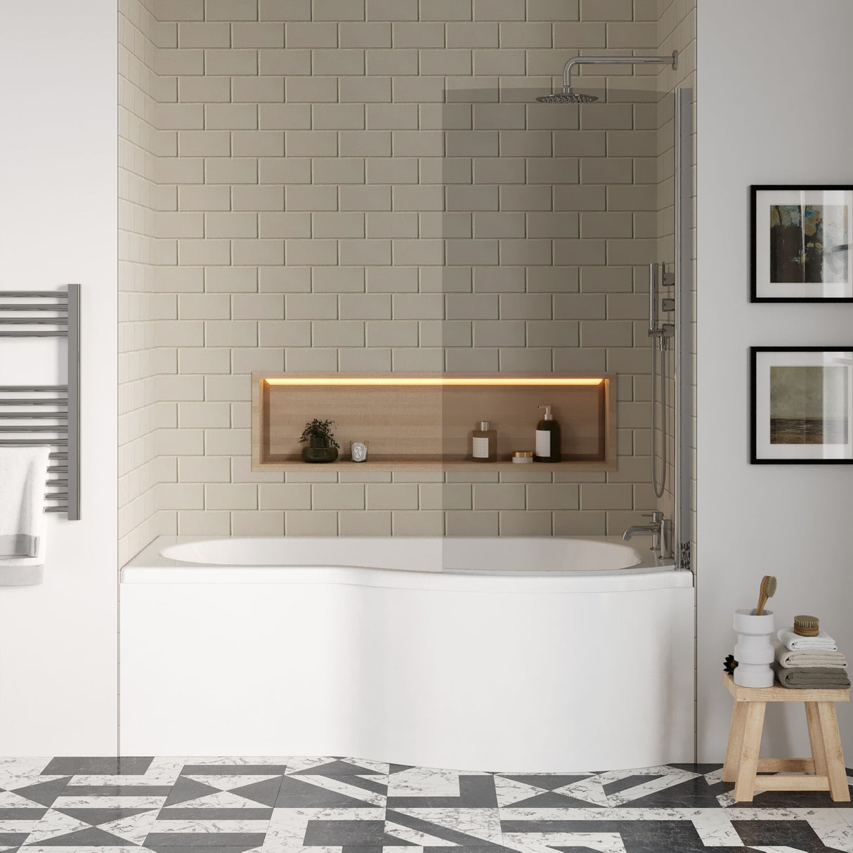 [BBATH23] Contemporary P Bath Set: P Bath, Front Panel and Bath Screen, White/Chrome, Choice of Size and Orientation