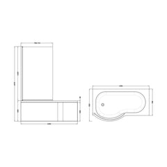 [BBATH24] Balterley 1500 mm Left Hand P Shape Square Shower Bath with Glass Screen & Matching Front Panel Modern White Design - Technical Drawing