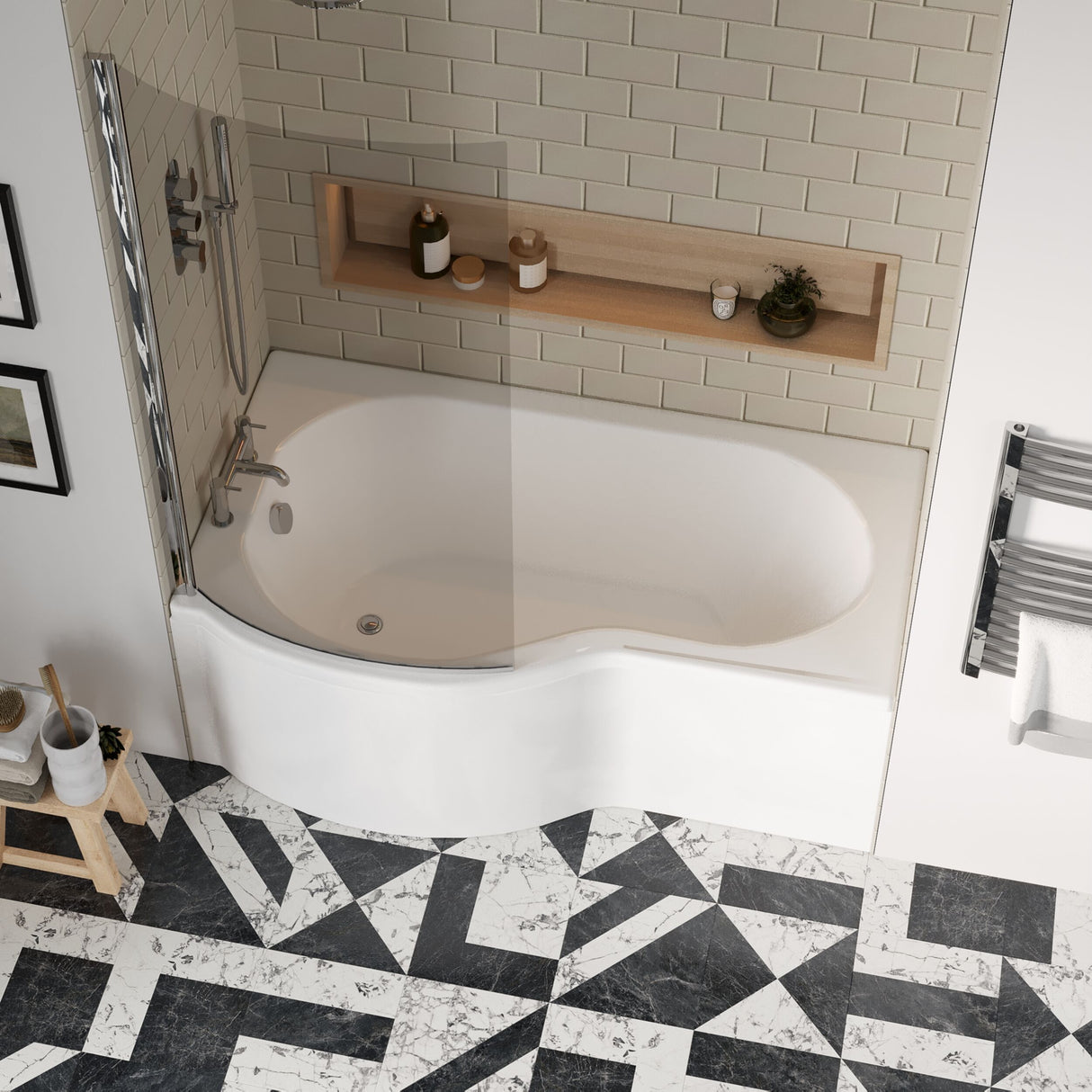 [BBATH24] Balterley 1500 mm Left Hand P Shape Square Shower Bath with Glass Screen & Matching Front Panel Modern White Design - Lifestyle 2