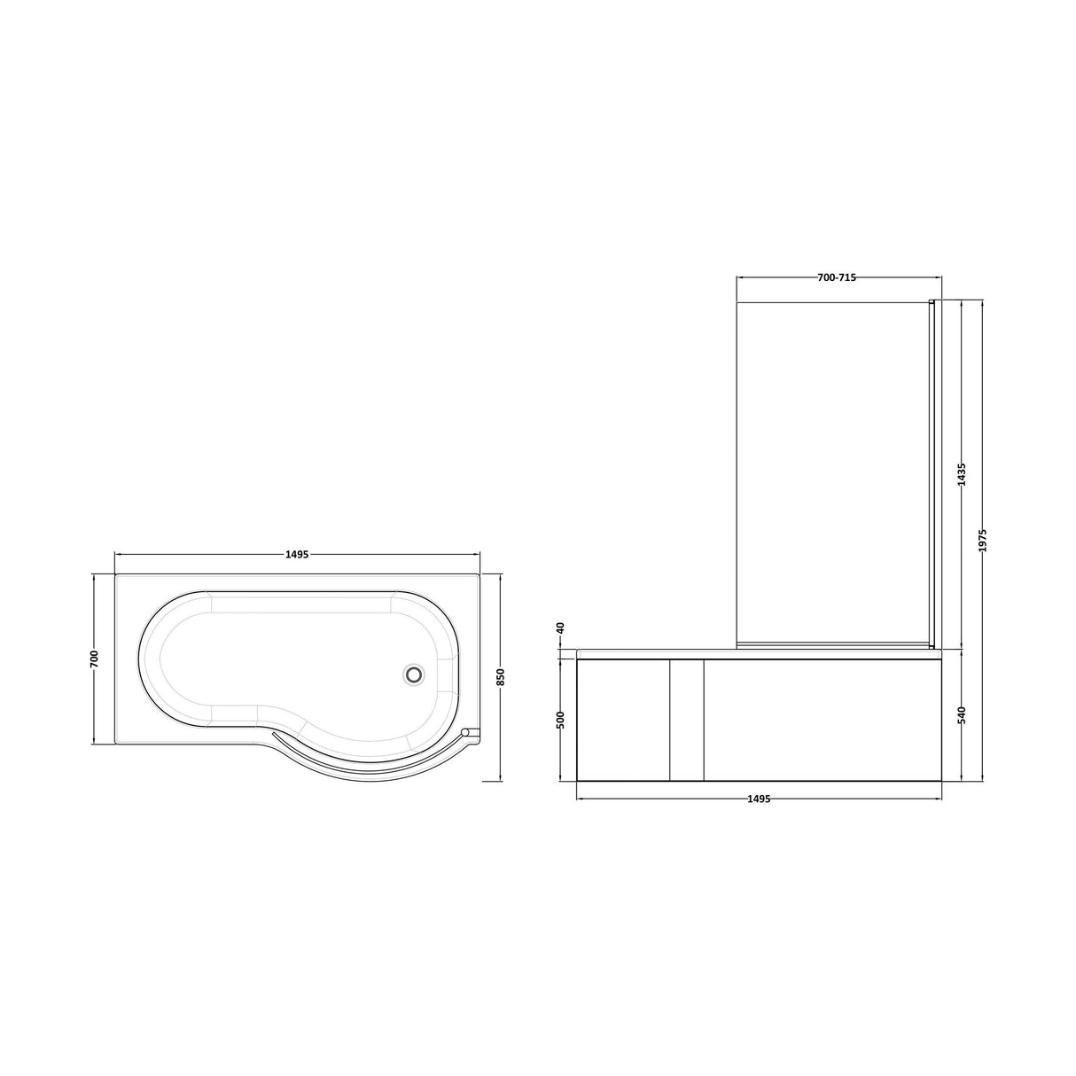 [BBATH25] Balterley 1500 mm Right Hand P Shape Square Shower Bath with Glass Screen & Matching Front Panel Modern White Design - Technical Drawing