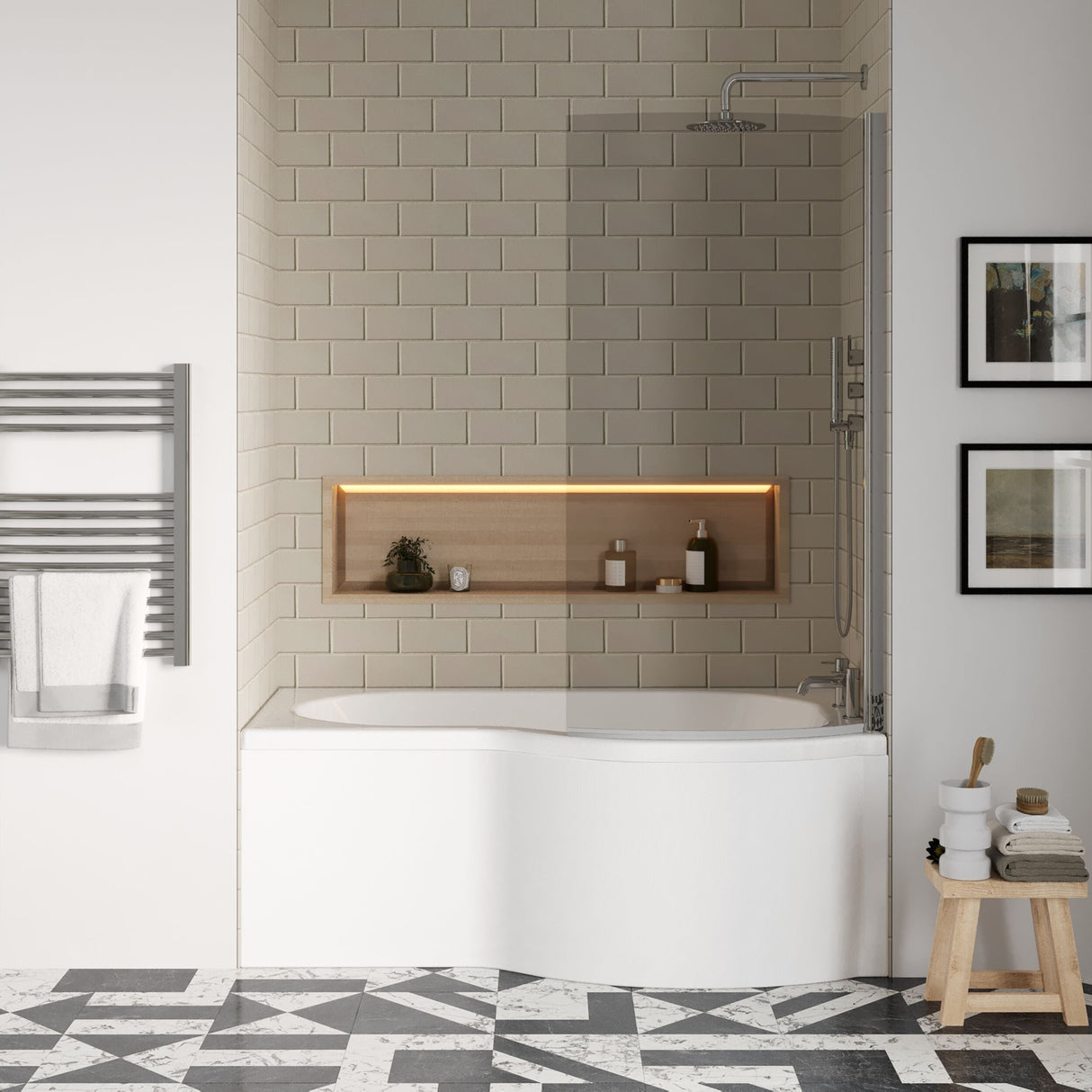 [BBATH25] Contemporary P Bath Set: P Bath, Front Panel and Bath Screen, White/Chrome, Choice of Size and Orientation