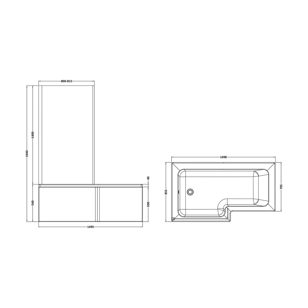 [BBATH28] Balterley 1500 mm Left Hand L Shape Shower Bath Bundle & Tub, Curved 6 mm Safety Glass Screen & Matching Front Panel, Gloss White - Technical Drawing