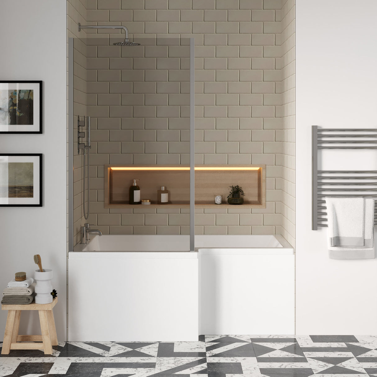 [BBATH28] Balterley 1500 mm Left Hand L Shape Shower Bath Bundle & Tub, Curved 6 mm Safety Glass Screen & Matching Front Panel, Gloss White - Lifestyle 1