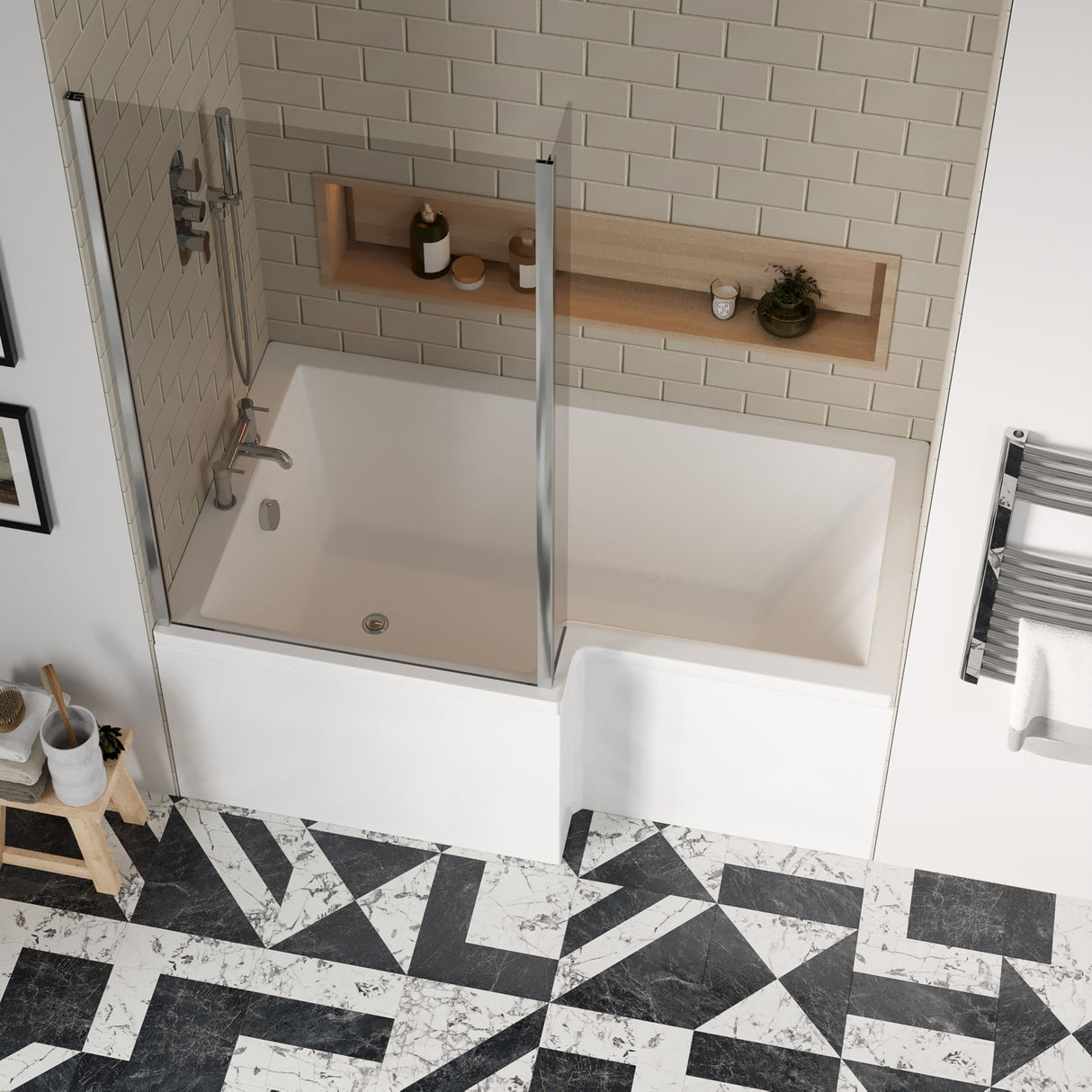 [BBATH28] Balterley 1500 mm Left Hand L Shape Shower Bath Bundle & Tub, Curved 6 mm Safety Glass Screen & Matching Front Panel, Gloss White - Lifestyle 2