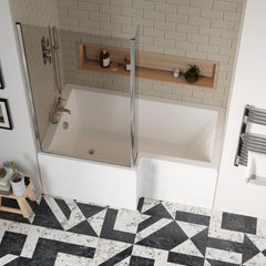 [BBATH28] Balterley 1500 mm Left Hand L Shape Shower Bath Bundle & Tub, Curved 6 mm Safety Glass Screen & Matching Front Panel, Gloss White - Lifestyle 2