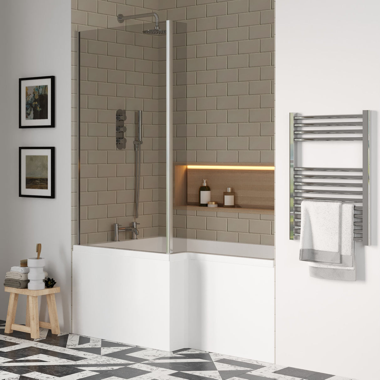 [BBATH28] Balterley 1500 mm Left Hand L Shape Shower Bath Bundle & Tub, Curved 6 mm Safety Glass Screen & Matching Front Panel, Gloss White - Lifestyle 3