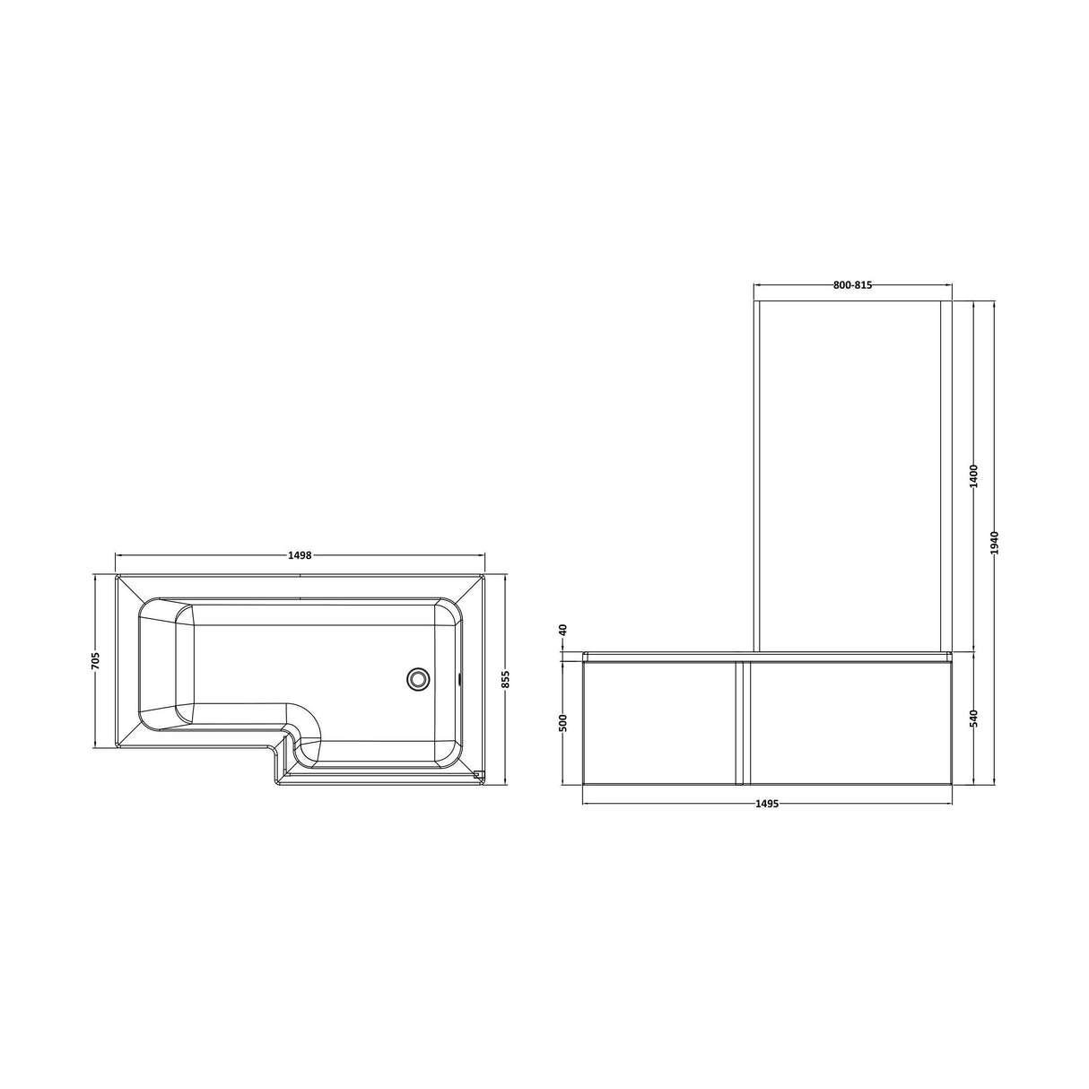[BBATH29] Balterley 1500 mm Right Hand L Shape Shower Bath Bundle & Tub, Curved 6 mm Safety Glass Screen & Matching Front Panel, Gloss White - Technical Drawing