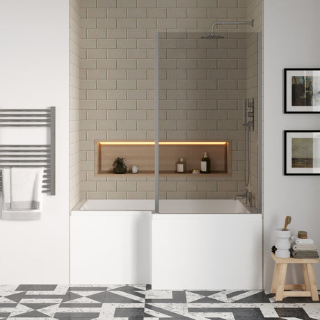 [BBATH29] Balterley 1500 mm Right Hand L Shape Shower Bath Bundle & Tub, Curved 6 mm Safety Glass Screen & Matching Front Panel, Gloss White - Lifestyle 1