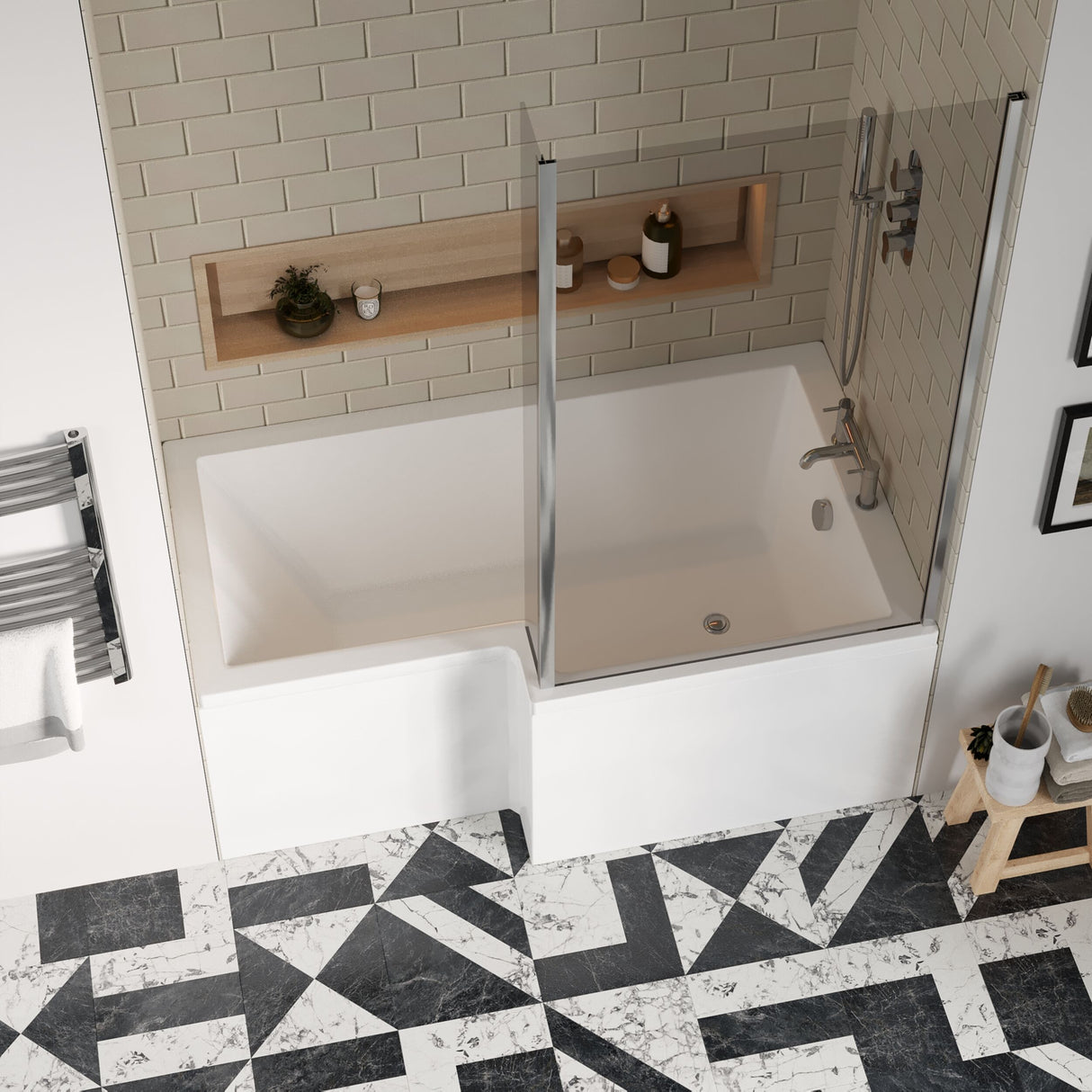 [BBATH29] Balterley 1500 mm Right Hand L Shape Shower Bath Bundle & Tub, Curved 6 mm Safety Glass Screen & Matching Front Panel, Gloss White - Lifestyle 2