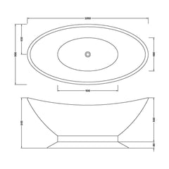 [BBB005] Balterley Gradbach Freestanding Luxury Oval Double Ended Bath, 1890 x 900mm - Gloss White - Technical Drawing