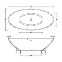 [BBB010] Balterley Castern Freestanding Luxury Oval Double Ended Bath, 1770 x 880mm - Polished White - Technical Drawing