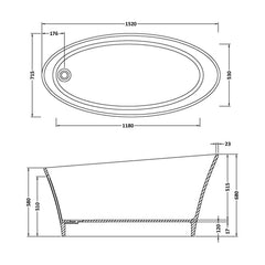 [BBB020] Balterley Doveridge Freestanding Luxury Oval Single Ended Bath, 1520 x 715mm - Polished White - Technical Drawing