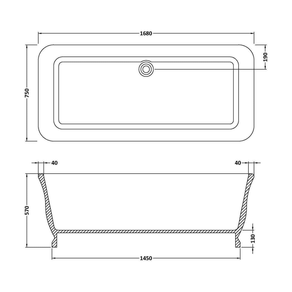 [BBB025] Balterley Goldsitch Freestanding Luxury Square Double Ended Bath, 1680 x 750mm - Gloss White - Technical Drawing