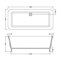 [BBB025] Balterley Goldsitch Freestanding Luxury Square Double Ended Bath, 1680 x 750mm - Gloss White - Technical Drawing