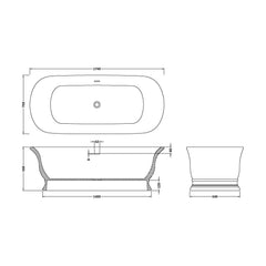 [BBB030] Balterley Wyrley Freestanding Luxury Oval Double Ended Bath, 1740 x 760mm - Polished White - Technical Drawing