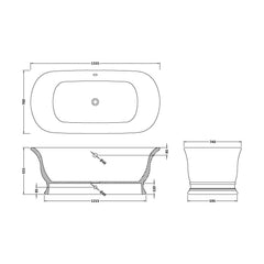 [BBB032] Balterley Congreave Freestanding Luxury Oval Thin Rim Double Ended Bath, 1555 x 740mm - Polished White - Technical Drawing