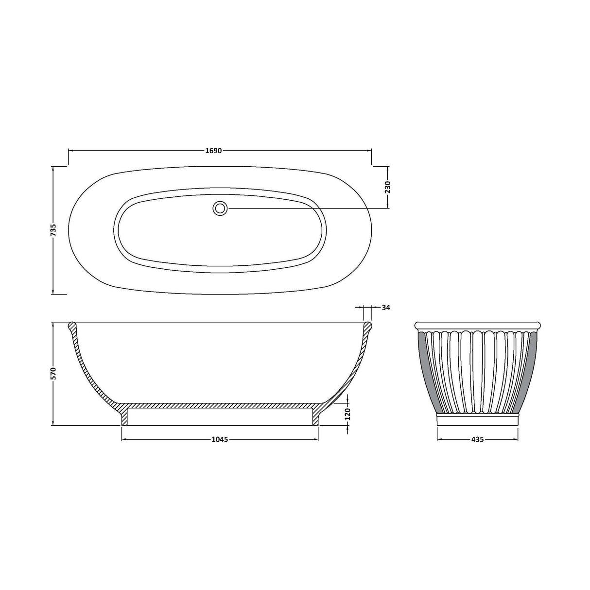 [BBB035] Balterley Iverley Freestanding Luxury Oval Thin Rim Double Ended Bath, 1680 x 750mm - Matt/Polished White - Technical Drawing