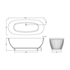 [BBB035] Balterley Iverley Freestanding Luxury Oval Thin Rim Double Ended Bath, 1680 x 750mm - Matt/Polished White - Technical Drawing