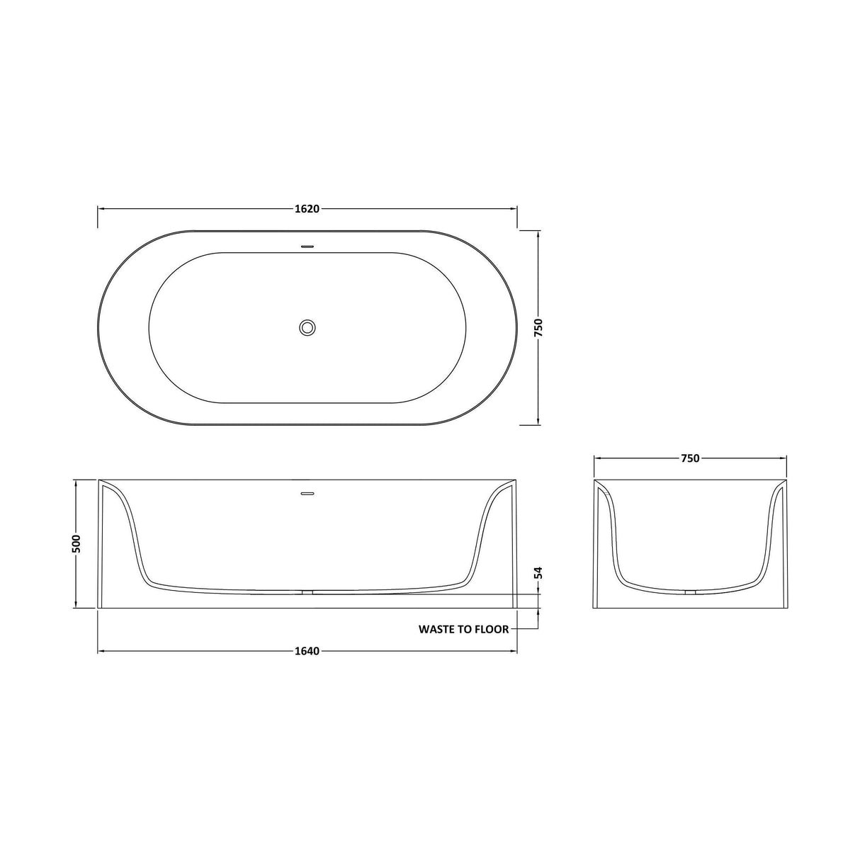[BBB051] Balterley Wolgarston Freestanding Luxury Oval Double Ended Bath, 1640 x 750mm - Matt White - Technical Drawing