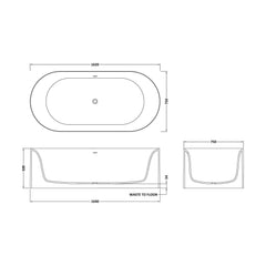 [BBB051] Balterley Wolgarston Freestanding Luxury Oval Double Ended Bath, 1640 x 750mm - Matt White - Technical Drawing
