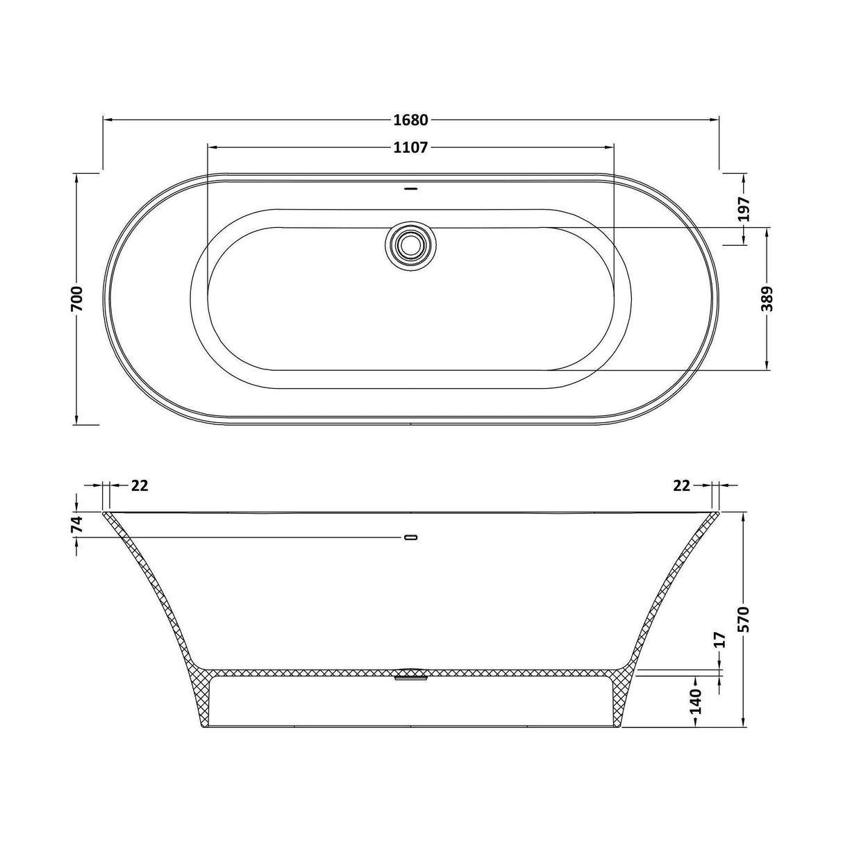 [BBB054] Balterley Smestow Freestanding Luxury Oval Double Ended Bath, 1680 x 700mm - Matt White - Technical Drawing