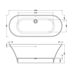 [BBB054] Balterley Smestow Freestanding Luxury Oval Double Ended Bath, 1680 x 700mm - Matt White - Technical Drawing