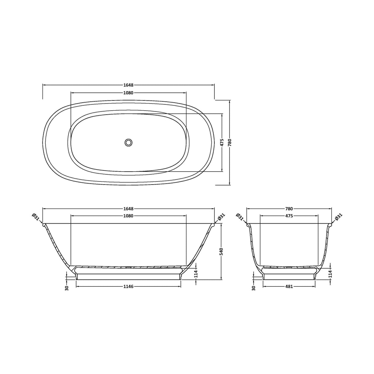 [BBB060] Balterley Bickford Freestanding Luxury Oval Double Ended Bath, 1628 x 773mm - Polished White - Technical Drawing