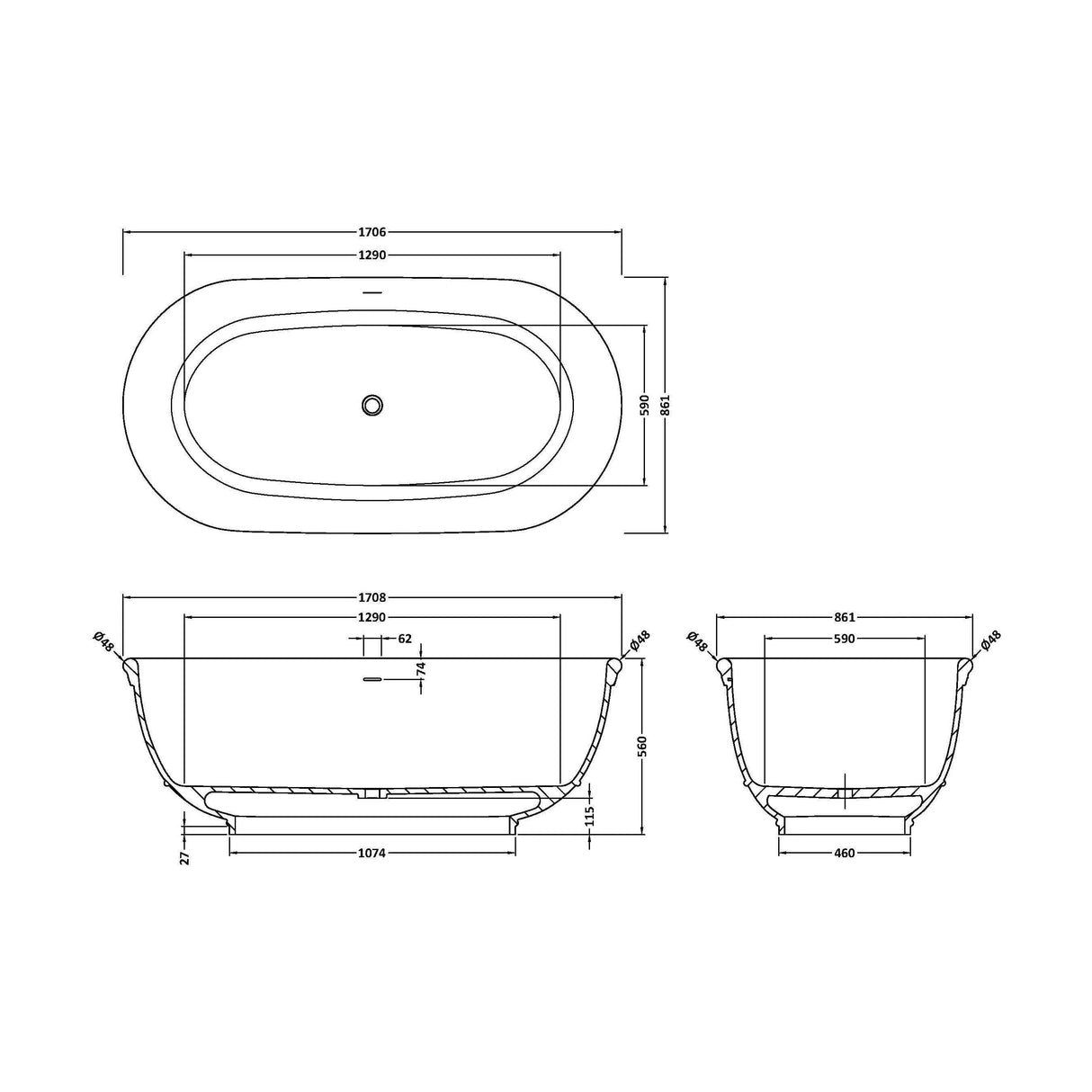 [BBB061] Balterley Rushton Freestanding Luxury Oval Double Ended Bath, 1745 x 895mm - Polished White - Technical Drawing