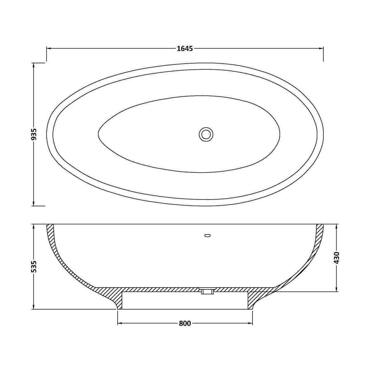 [BBB062] Balterley Rodsley Freestanding Luxury Oval Single Ended Bath, 1645 x 935mm - Polished White - Technical Drawing