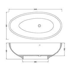 [BBB062] Balterley Rodsley Freestanding Luxury Oval Single Ended Bath, 1645 x 935mm - Polished White - Technical Drawing