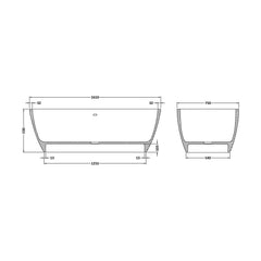 [BBB063] Balterley Radbourne Freestanding Luxury Oval Rimless Double Ended Bath, 1610 x 750mm - Matt White - Technical Drawing