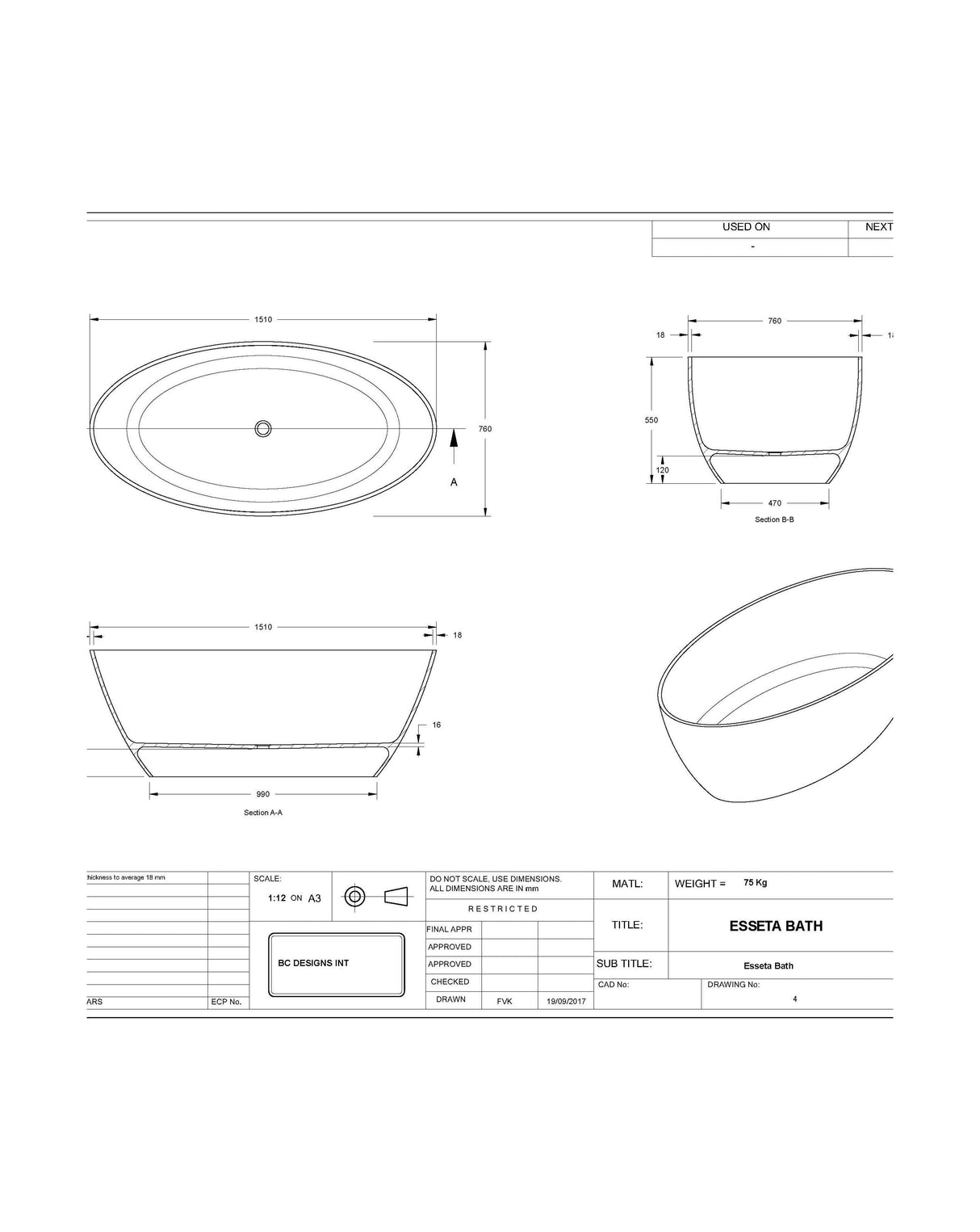 [BBB070] Balterley Hednesford Freestanding Luxury Oval Double Ended Bath, 1510 x 760mm - Matt White - Technical Drawing
