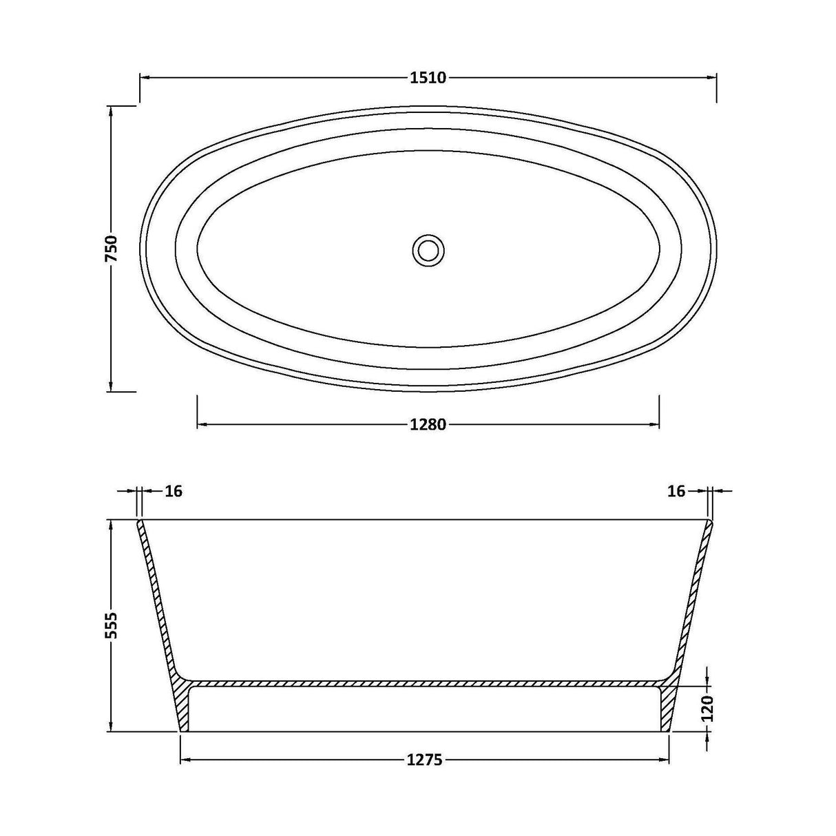 [BBB072] Balterley Kingswinford Freestanding Luxury Oval Double Ended Bath, 1510 x 760mm - Matt White - Technical Drawing