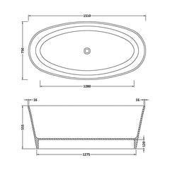 [BBB072] Balterley Kingswinford Freestanding Luxury Oval Double Ended Bath, 1510 x 760mm - Matt White - Technical Drawing
