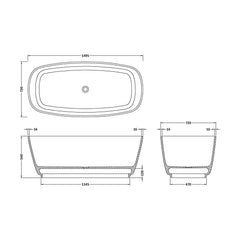 [BBB074] Balterley Tamworth Freestanding Luxury Curved Rectangular Double Ended Bath, 1495 x 720mm - Matt White - Technical Drawing